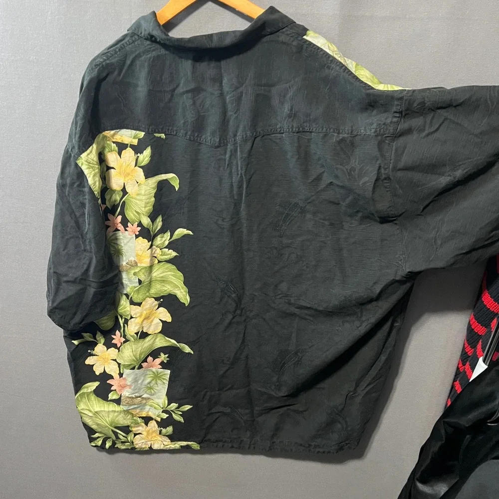 Tommy Bahama Mens XXL Black Silk Floral Swordfish Jacquard Camp Shirt 26x33